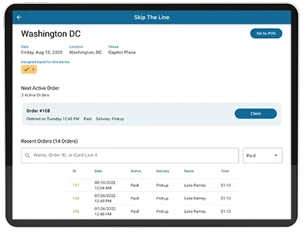 The Skip The Line fulfillment dashboard, showing incoming orders