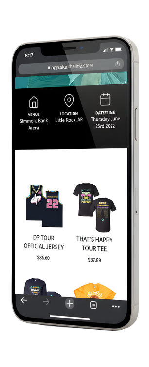 The Skip The Line merch storefront on a phone